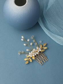 Handmade Delicate Gold Leaf Pearl Bridal Hair Comb Wedding Hair Accessories Women For Bachelorette Party Prom Pageant Photo Shoot - Gold - View 4