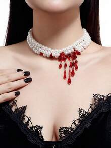 1pc Creative Gothic Style Artificial Crystal Tassel Necklace, Multilayer Charm Faux Pearl Beaded Necklace For Women, Everyday Wear And Party Decor, Holiday Gift Jewelry - 白色 - 查看 10