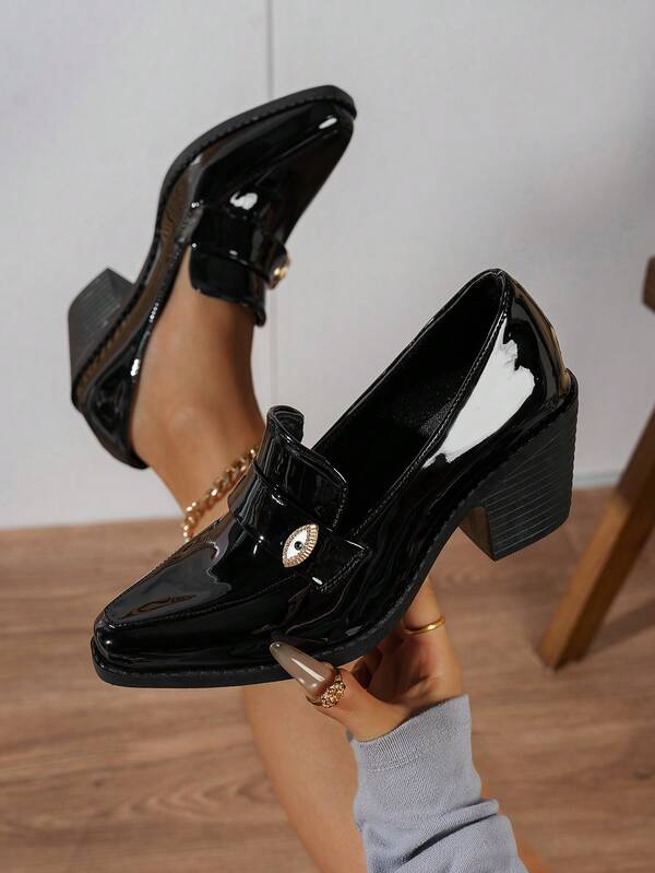 Women's Black Slip-On Loafers With Sparkling Rhinestone Decor, Luxurious Fashion Versatile Runway Party Shoes, Casual Outdoor Vacation European British French Minimalist Retro College Style Thick Heel Pumps, Suitable For All Seasons