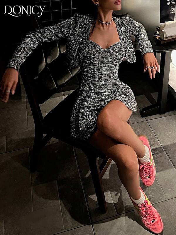 DONICY 2 pièces/Set Tenue femme pour l'automne/l'hiver, robe pinafore à carreaux en tweed de couleur unie style trapèze + veste-cardigan à manches longues courtes, costume vintage élégant chic pour le formel/le casual/le bureau, noir