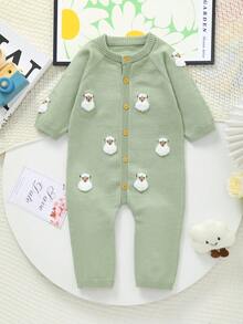 Infant Girls' Cute Lamb Pattern Warm Long Sleeve Knitted Jumpsuit, Suitable For Autumn/Winter Outings, Daily Wear Or Gatherings - Green - View 1