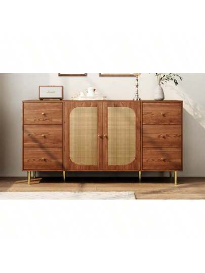Sideboard, Rattan Aufbewahrungsschrank Mit Schublade, Unabhängiger Holzschrank, Küche, Zuha Wohnzimmer, Brown, 160 40 90 Cm
