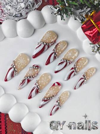 10pcs/Set Press On Nails, Almond-Shaped Nails,Christmas Nails,Long Nails,Winter Model,Cute Style,Perfect As A Christmas Gift,Detachable, Suitable For Party, Dance, Daily Wear, Student Party, Office Worker Cosplay, Press-On And Reusable, With Jelly Glue And Nail File Nail Supplies