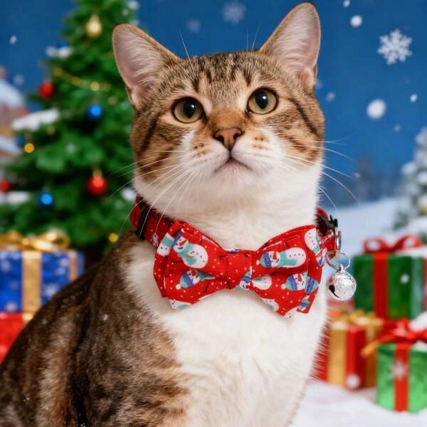1pc Christmas Pet Cat Collar With Detachable Bowknot, Adjustable Size, With Matte Jingle Bell
