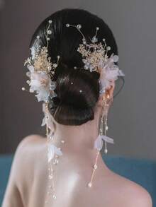 2件套花朵和仿珍珠装饰新娘发夹优雅头饰。情人节配饰