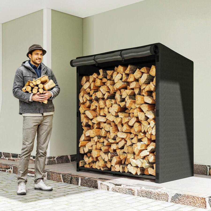 Outsunny Estante de Leña Metálico, 140x70x154 cm, Leñero Exterior con Cubierta Impermeable 600D Oxford, Marco de Acero, Soporte para Leña de Chimenea, Carga 300 kg, para Jardín, Terraza - Negro - Ver 1