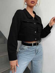 Chaqueta corta de pana con solapa y hombros caídos para mujer, otoño e invierno - Negro - Ver 5