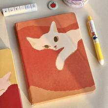 Cute Lazy Cat Design A5 Notebook – Yellow Peach-Skin Cover With White Cat Illustration, Lined Diary For Study, Office & Travel, Ideal As Christmas/Birthday Gift
