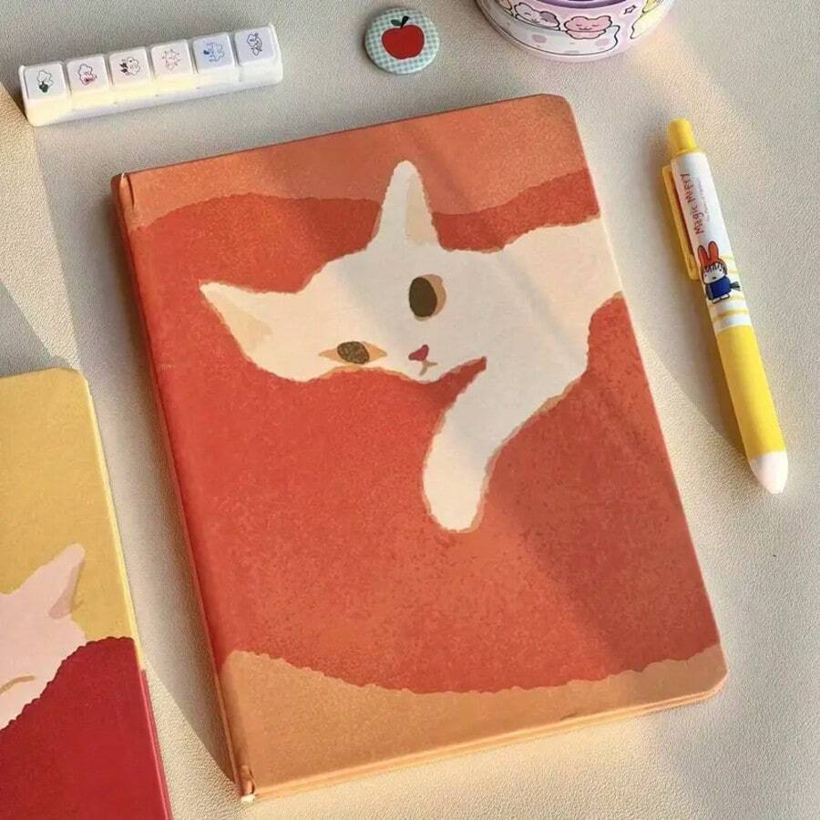 Cute Lazy Cat Design A5 Notebook – Yellow Peach-Skin Cover With White Cat Illustration, Lined Diary For Study, Office & Travel, Ideal As Christmas/Birthday Gift