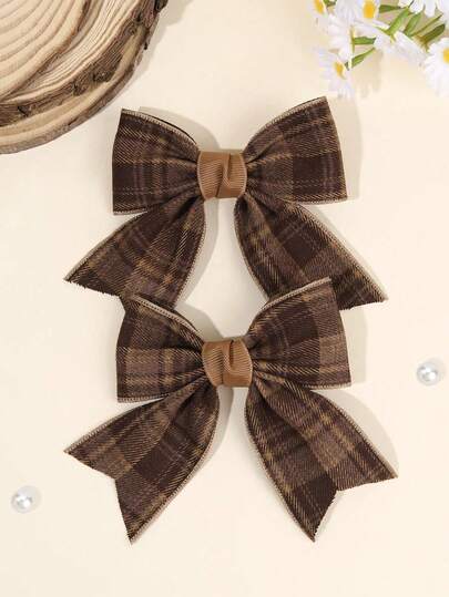 2 piezas Lazos de cabello a cuadros marrones para niñas Clips de cocodrilo Khaiki con lazo elegante forrado completamente con cola Accesorios de cabello diarios para niños y bebés en otoño e invierno