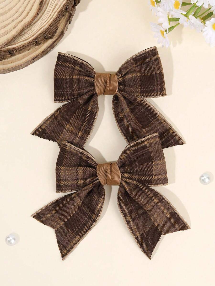 2 piezas Lazos de cabello a cuadros marrones para niñas Clips de cocodrilo Khaiki con lazo elegante forrado completamente con cola Accesorios de cabello diarios para niños y bebés en otoño e invierno