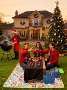 (今日特价) 1件加厚大号野餐垫|沙滩毯，600D牛津布材质，防刮耐磨，多功能防水防尘露营垫家庭花园游戏垫，适合所有季节，室内/室外露营，海滩 - 牛津-藍色條紋 - 查看 7
