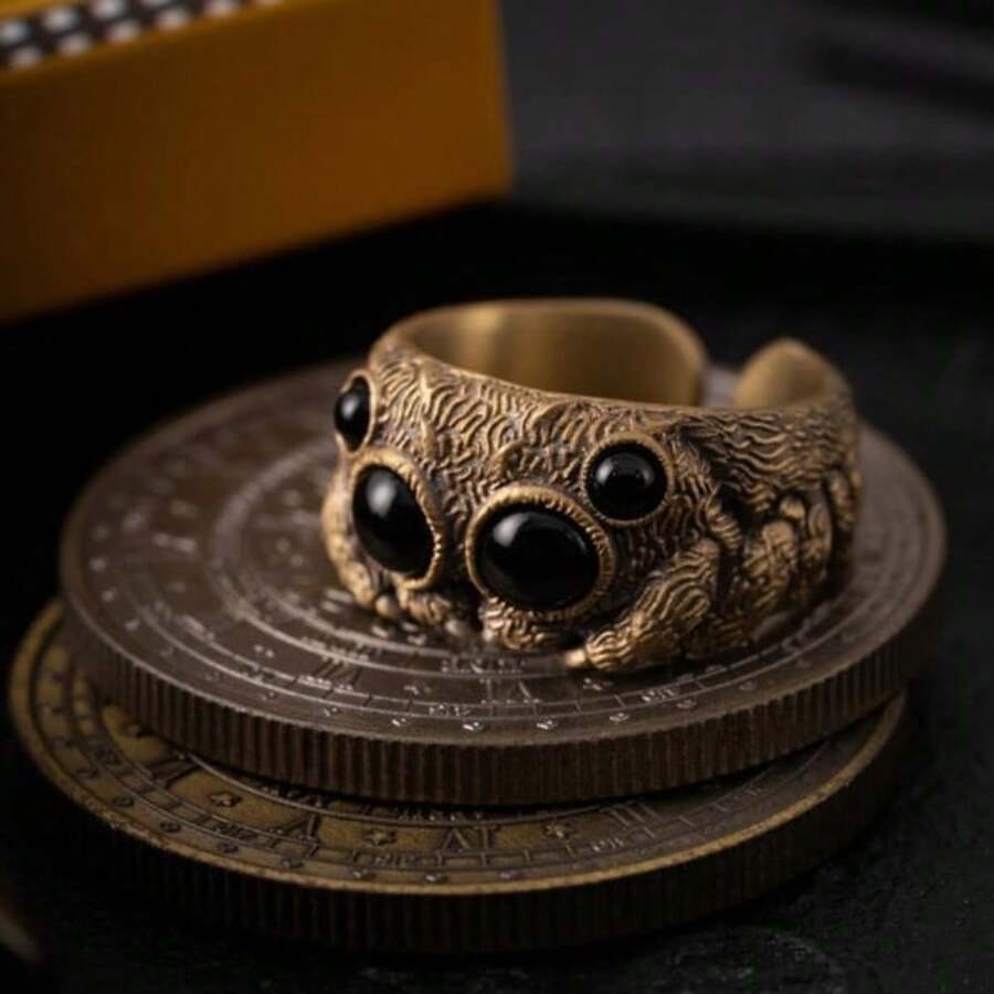 1Pc Opening Creative Ring Jumping Spider Ring Creative Exaggerated Animal Opening Adjustable Ring - vàng - Xem 1