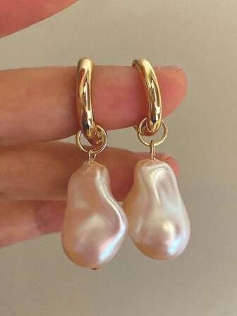 1 对复洛克风格仿珍珠耳环，不锈钢防水女士耳环