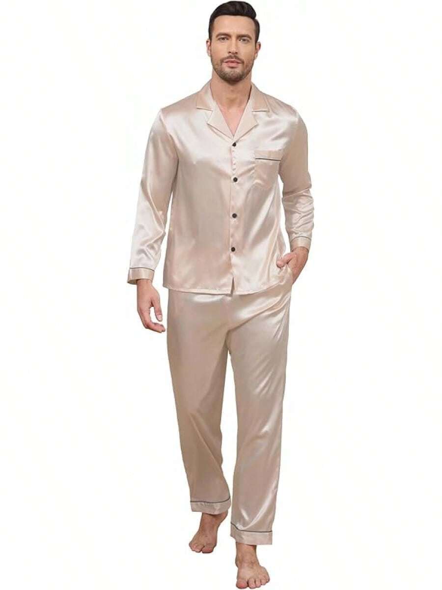 BigKing Men's Silk Satin Pajama Set, Men's Pajama Set, Soft, Long Sleeve, Button-Down - Sampanye - View 1