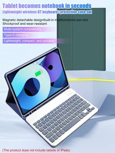 2pcs/Set Lightweight Wireless Bluetooth Keyboard + Tablet Case, Type-C Rechargeable Keyboard Compatible With 3 Systems, 10-Inch Square Wireless Bluetooth Mini Keyboard (150mAh Battery Capacity), IPad Bluetooth Keyboard Tablet Case With Pencil Slot Suitable For 10.5-Inch And 10.2-Inch Tablets, Full-Body Protection, Magnetic Separation, PU Leather Waterproof And Anti-Drop, Slim And Portable