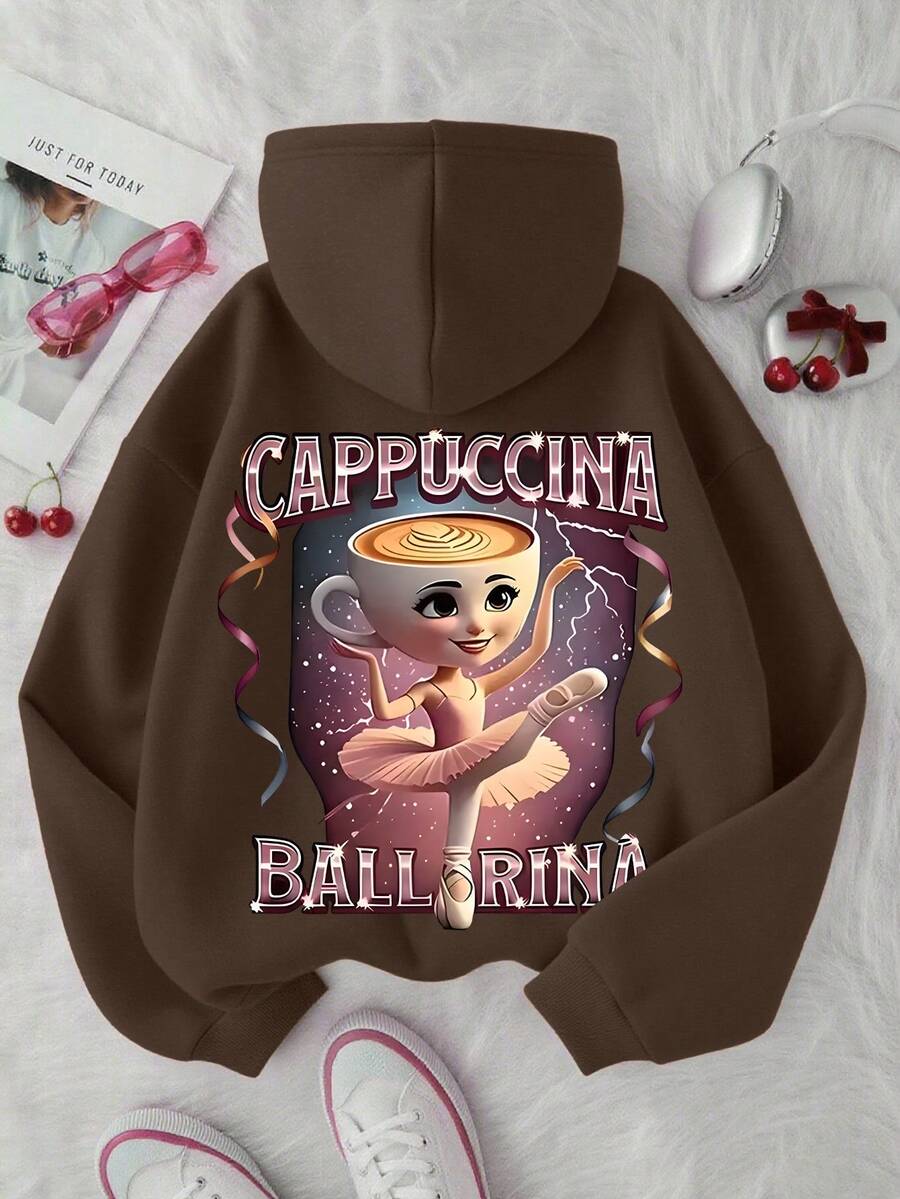 Sudadera de manga larga con patrón de bailarina de ballet y café para niña, adecuada para uso diario en otoño/invierno - Marrón - Ver 1