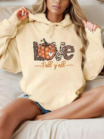 Plusstorlek Dam Dagligt "LOVE" Leopardtryck Bokstäver, Pumpa Och "Höst Ni All" Textmönster Huva Långärmad Casual Vår/Sommar/Höst Dam Plusstorlek Långärmad Huvtröja Jul Utekvällstoppar Dam, Semesterkläder Dam