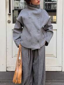 Vintage Style Solid Color Double-Breasted High Collar Women Jacket, Commuter Women Coat For Autumn/Winter