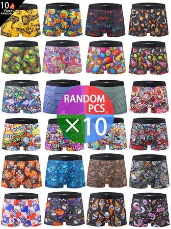 10条装时尚印花男士三角裤，柔软舒适弹力薄款平角裤，运动短裤，新奇内裤，随机图案