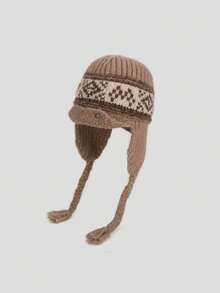 1 pieza Sombrero de piloto/cubo de mujer de punto jacquard bohemio con hilo grueso trenzado, orejeras acogedoras, de moda y versátil, casual y retro para otoño/invierno