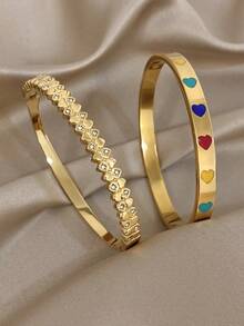 优雅简约心形手镯 金色细手镯 女士可叠戴不锈钢手镯 万圣节圣诞节派对套装 珠宝礼品