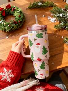 1 pezzo Elemento di Babbo Natale e albero di Natale, Tazza termica da 40oz-14oz con manico, in acciaio inossidabile isolato, adatto per viaggi, scuola, ufficio, all'aperto, palestra, casa, regalo di Natale, regalo per donne e adolescenti, regalo per le feste, regalo di compleanno (con cannuccia) - Multicolore - Visualizzare 16