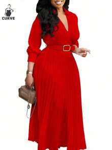 Vestido midi plisado de unicolor con cintura ceñida y elegante, estilo vintage para otoño/invierno, adecuado para homecoming, boda, cumpleaños, atuendos de maestro, talla grande - Rojo - Ver 5