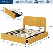 Twin/Twin XL/Full/Queen Size Platform Bed Frame With Storage Headboard & 2 Drawers, Upholstered Cute Platform Bed With Bookcase, Sturdy Wooden Slats Support, No Box Spring Needed, Noise Free - 黃色-滿 - 查看 2