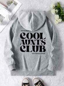 Plus Size Women's Daily "Proud Member Cool Aunts Club Like A Mom But Cooler" Text Pattern Sweatshirt Hooded Long Sleeves Casual Spring/Summer/Fall Women's Plus-Size Long-Sleeved Sweatshirt Halloween Going Out Tops Women, Vacation Outfits Women - Light Grey - View 5