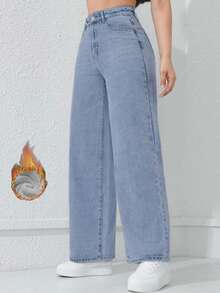 Quần jeans ống đứng thời trang lót nhiệt ấm áp mùa thu/đông, quần ống đứng co giãn dáng rộng thoải mái - Rửa nhẹ - Xem 3