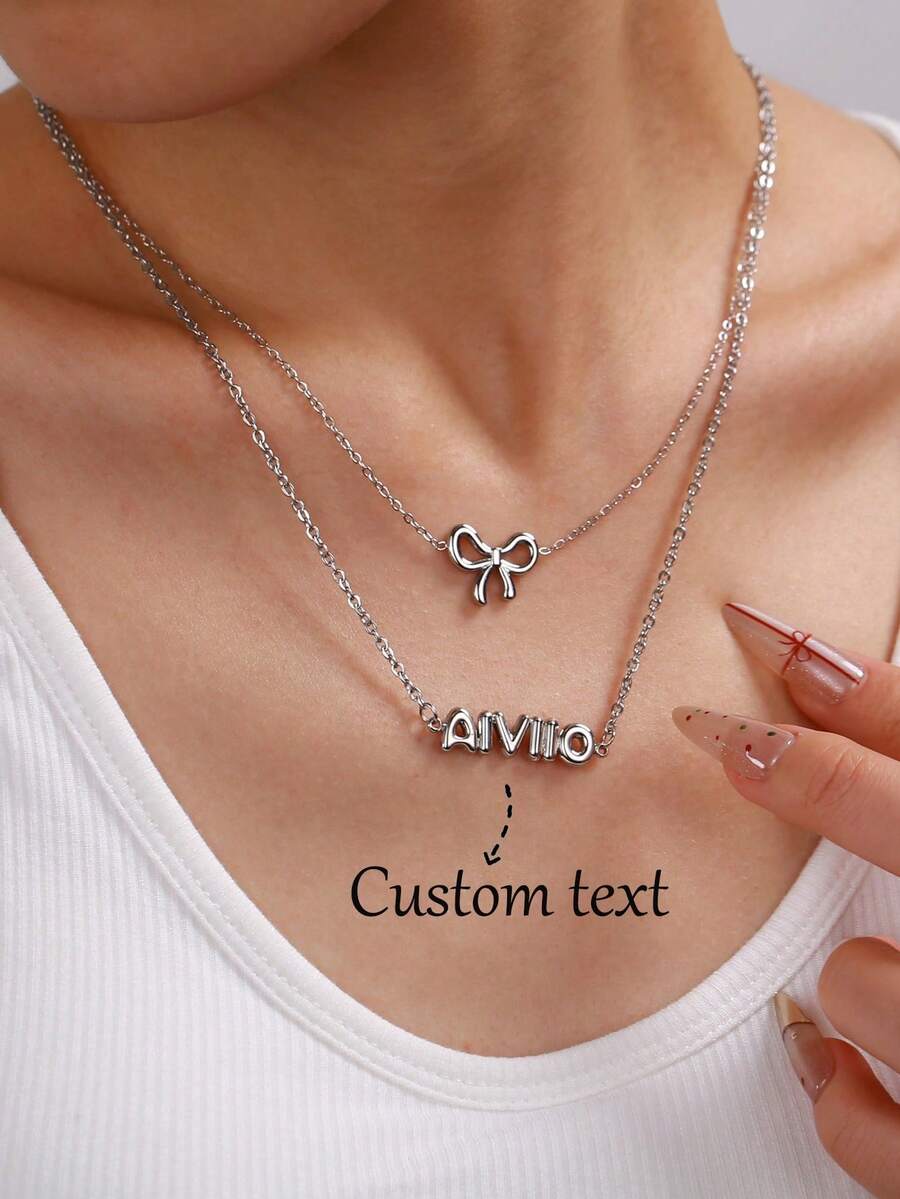 定制双层可爱简约蝴蝶结铭牌不锈钢项链，新款创意波西米亚蝴蝶结项链，非常适合生日派对、婚礼、周年纪念、毕业典礼、母亲节、情人节、日常佩戴