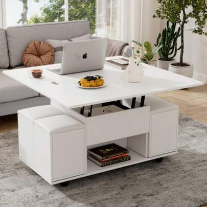 (Product Change)An Multifunctional Couchtisch Hebbarer – Der Desktop Cannn 2 Tische öffnen, White + White, Large Kapazität, Modern Wohnzimmermöbel, Büro, Esstisch, Freizeittisch, Multifunktionstisch