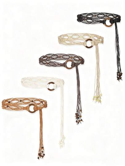 Spring And Summer Fashion Multi-Color Bohemian Retro Style Wax Rope Handmade Wooden Circle Braided Hollow Belt With Dress Belt Summer, School Fall, Autumn, Halloween