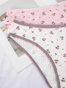 5 Pieces Of Women's Cotton Sexy Romantic Lace Edge Printed Underwear Set