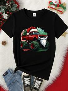 Camiseta para niños de 3 a 12 años de 100% algodón manga corta y cuello redondo, suave y comoda con diseño de Santa Monster Ride: Aventuras Navideñas en 4 Ruedas - Negro - Ver 2