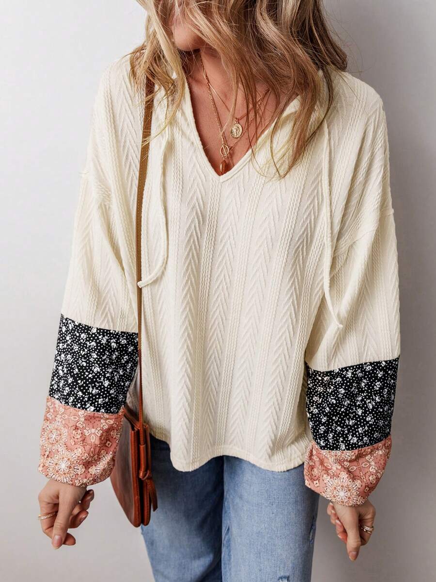 Acelitt Women's Fashion Camouflage Pattern Patchwork Long Sleeve Loose V-Neck Pullover Shirt, Autumn