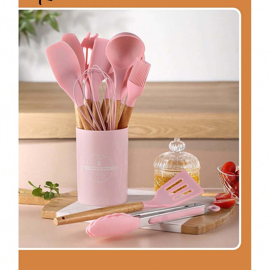 12-Piece Silicone Kitchen Utensil Set With Wooden Handles, Simple Kitchen-Style Cooking Tools With Storage Bucket, Colorful Kitchen Utensil Set In A Box, Multifunctional Spatula And Spoon Combination, Gift Recommendation For The Winter Kitchen - 粉色 - 查看 1