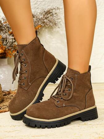 25 Women's Chelsea Ankle Boots, Autumn/Winter, European And American Style Chunky Heel, Fashion Thick-Sole Combat Boots, Suede Thick-Sole Lace-Up Retro Boots