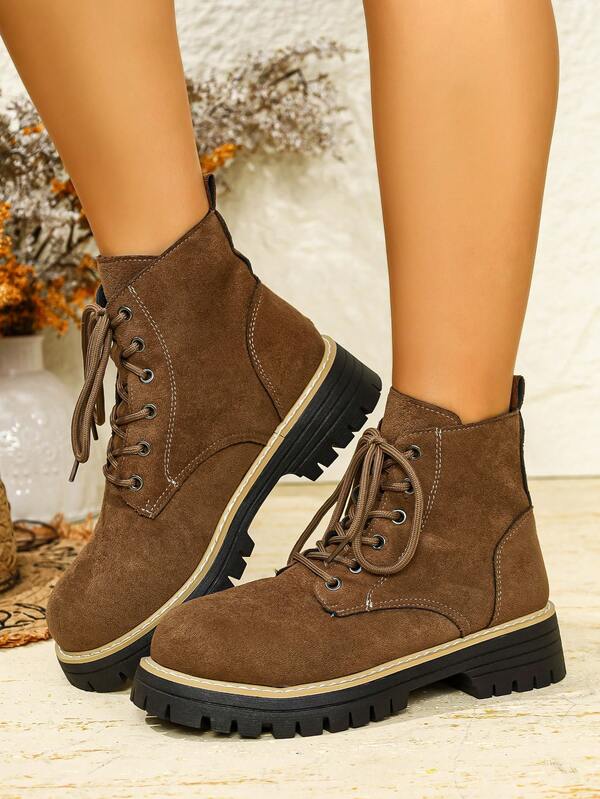 25 Women's Chelsea Ankle Boots, Autumn/Winter, European And American Style Chunky Heel, Fashion Thick-Sole Combat Boots, Suede Thick-Sole Lace-Up Retro Boots