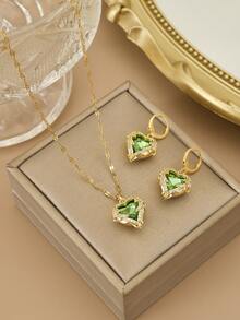 1 件奢华海洋之心不锈钢水晶心形项链，适合女士，适合派对、日常佩戴、欧美风格、独特、大方、方晶锆石、婚礼珠宝、送给女孩、亲戚、朋友、生日、情人节、爱人的礼物 - 綠色 - 查看 6