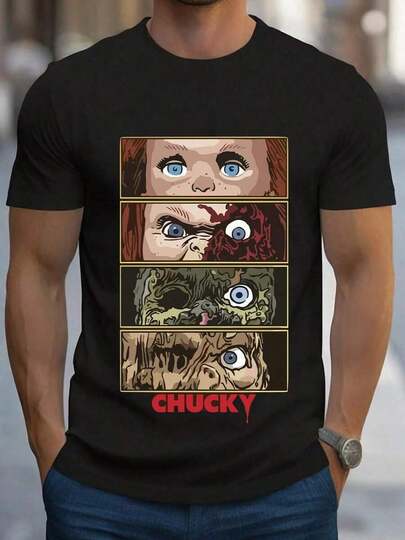 Playera de verano estilo urbano para hombre, con estampado gráfico de rompecabezas de ojos de mu?eca de terror, cuello redondo, manga corta, 100 % algodón, 220 g, algodón grueso, cómoda.