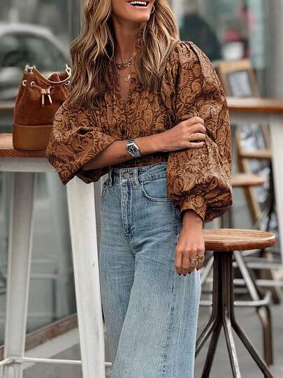 Plus Size Women's All-Over Print Puff Sleeve Casual Top And Blouse, Loose Fit Shirt Spring Vacation