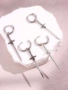 1Pair Gothic Vintage Sword Alloy Earrings Women Man Fashion Cool Punk Rock Party Jewelry Accessories Fantasy Ear Hooks - 銀色 - 查看 8