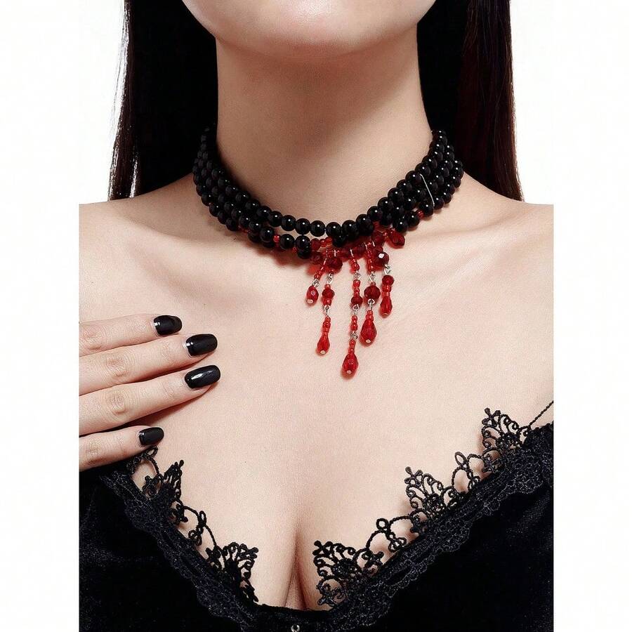 1pc Creative Gothic Style Artificial Crystal Tassel Necklace, Multilayer Charm Faux Pearl Beaded Necklace For Women, Everyday Wear And Party Decor, Holiday Gift Jewelry - 白色 - 查看 1