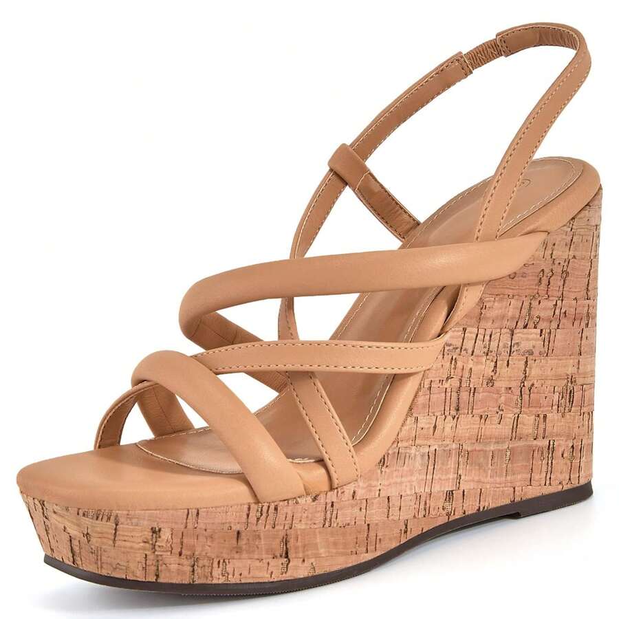 Coutgo Women Platform Wedge Sandals Cork Slingback Wedges Espadrilles Heels Summer Shoes - 駝色 - 查看 1