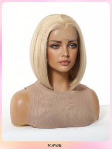 [Velvet Locks]New 13*4 Glueless Front Lace 13 Inch Coffee Brown Short Straight Wig, Fashionable Women No Bangs, Pre-Trimmed, Heat-Resistant Synthetic Hair, Soft And Smooth, Suitable For Beginners Daily Wear, Y2K Style, Party, Cosplay, Dance, Travel, Festival - 金色 - 查看 5