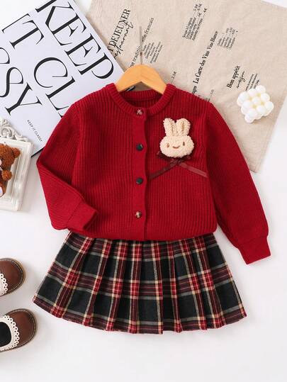 2 件套女婴甜美学院风优雅淑女温柔休闲户外简约舒适纯色针织上衣，3D 卡通兔子蝴蝶结装饰，长袖圆领毛衣和格子褶皱迷你裙，适合春季、秋季、冬季