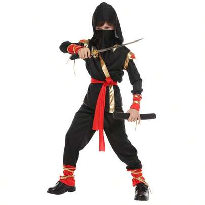 Boys' Samurai Costume Set, Including Hooded Long Sleeve Top, Mask And Red Belt, Suitable For Costume Parties