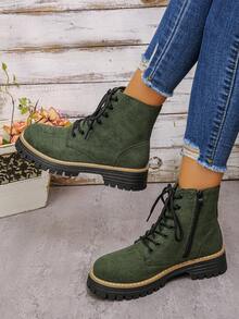Women's Fashion Boots, Solid Color Western Style Outdoor Fabric Metal Eyelet Lace-Up Side Zipper Mid-Calf Boots, Slip-On Indoor/Outdoor Ankle Boots, Women's Ankle Boots And Short Boots, Women's Shoes Winter Boots, New Shoes Short Boots Women Shoes Flat Heel Zipper Boots Black Boots Women Chelsea Boots - Green - View 1